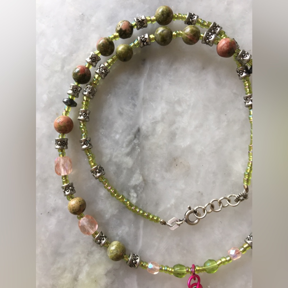 Natural Moldavite Necklace with Unakite Stones, Czech Crystals & Wire Wrapped π - Picture 4 of 15